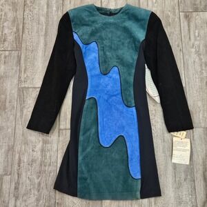 Vintage Colorblock Wavy Panel Suede Leather Bodycon Fitted Mini Dress Size M NEW
